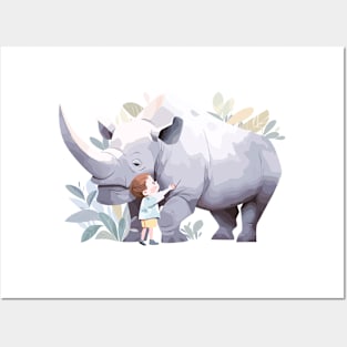 Cute Rhinoceros Animal Loving Cuddle Embrace Children Kid Tenderness Posters and Art